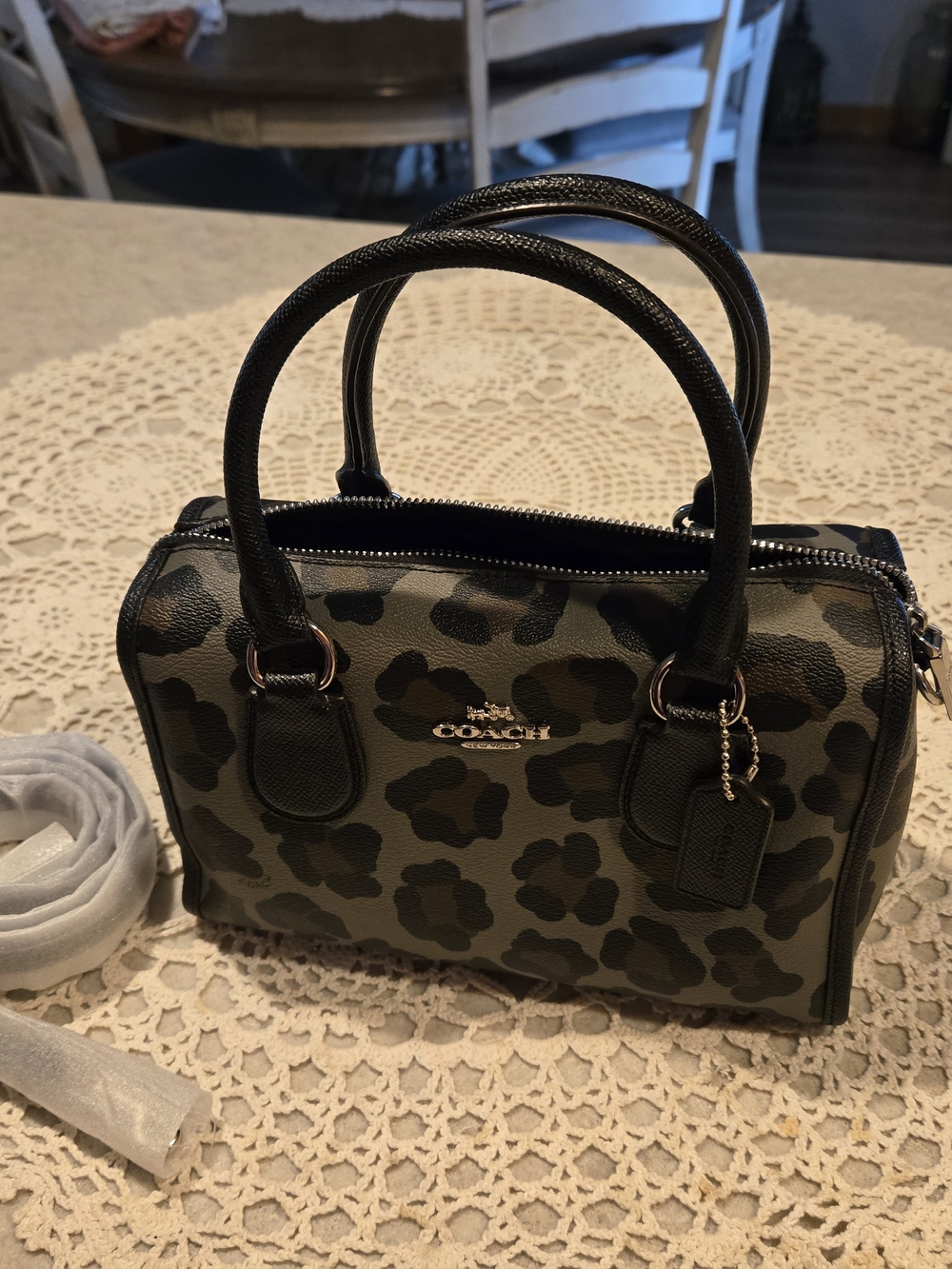 Coach Black/Gray Leopard Print Mini Satchel with Black Trim